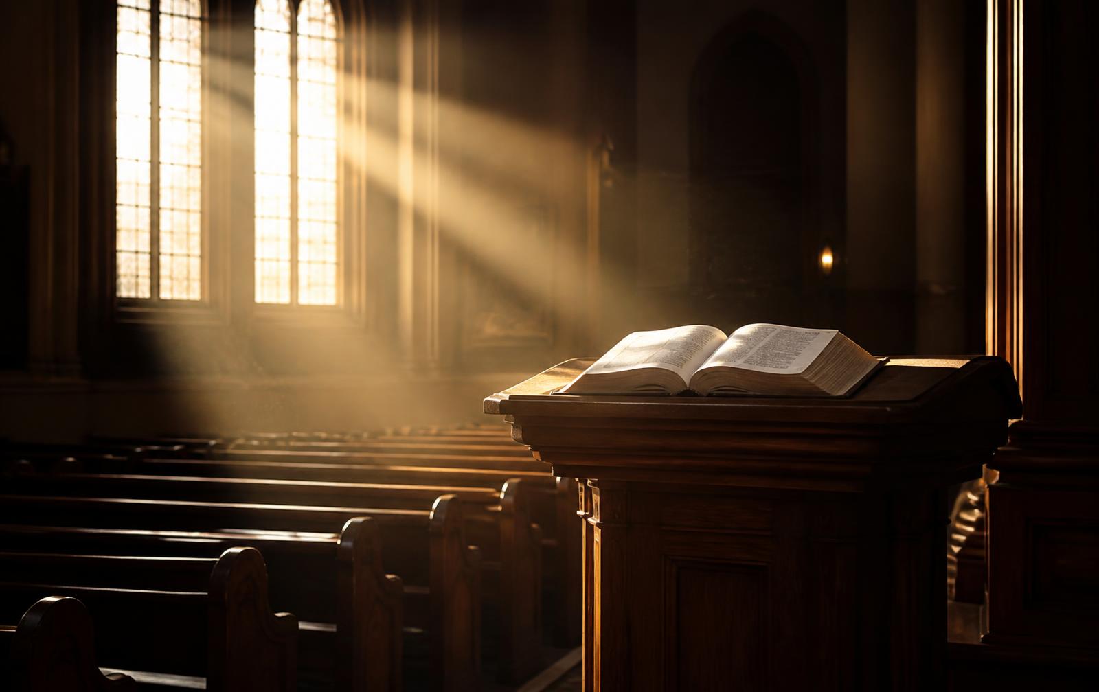 Púlpito de madeira com Bíblia aberta iluminado pela luz do sol em um templo